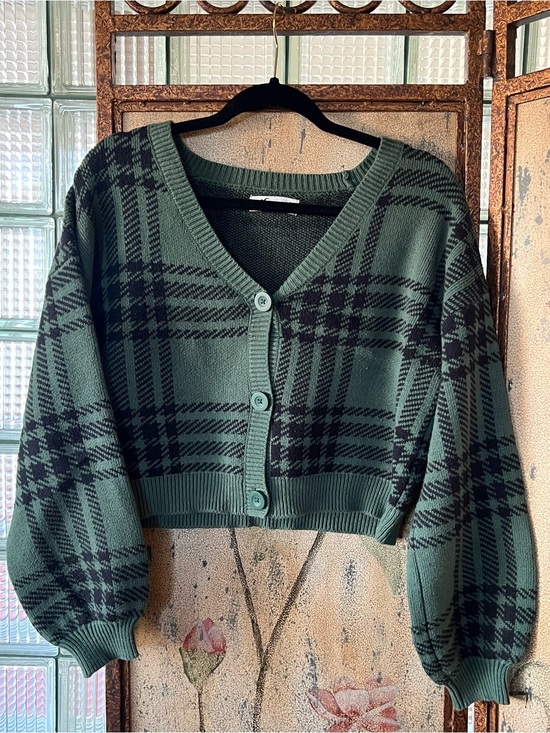 Hollister Sweaters - Hollister Green and Black Plaid Cardigan